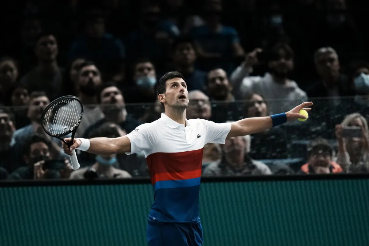 Novak Djokovic of Serbia celebrates his win over Hubert Hurkacz of Poland, during their semifinal match at the Paris Masters tennis tournament at the Accor Arena, in Paris, France, on Nov. 6, 2021. (Thibault Camus/AP Photo)