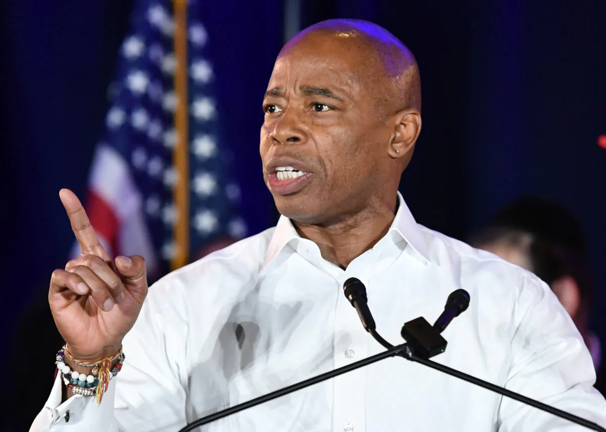 New York City Mayor-elect Eric Adams speaks to supporters during his 2021 election victory night party at the Brooklyn Marriott in New York City on Nov. 2, 2021. (Angela Weiss/AFP via Getty Images)