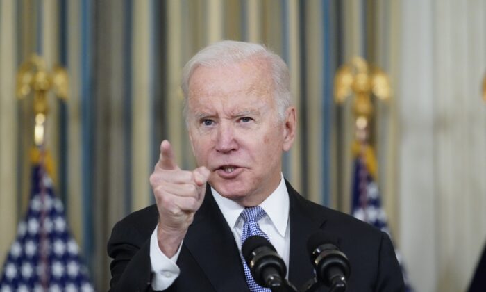 President Joe Biden responds to a question about the U.S. border as he speaks in the State Dinning Room of the White House on Nov. 6, 2021. (Alex Brandon/AP Photo)