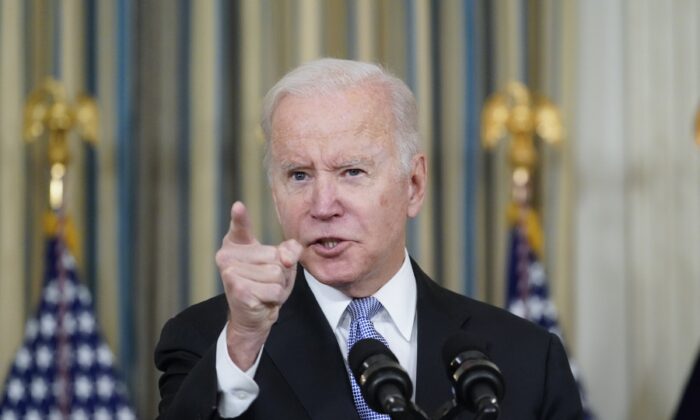 President Joe Biden responds to a question about the U.S. border as he speaks in the State Dinning Room of the White House in Washington on Nov. 6, 2021. (Alex Brandon/AP Photo)