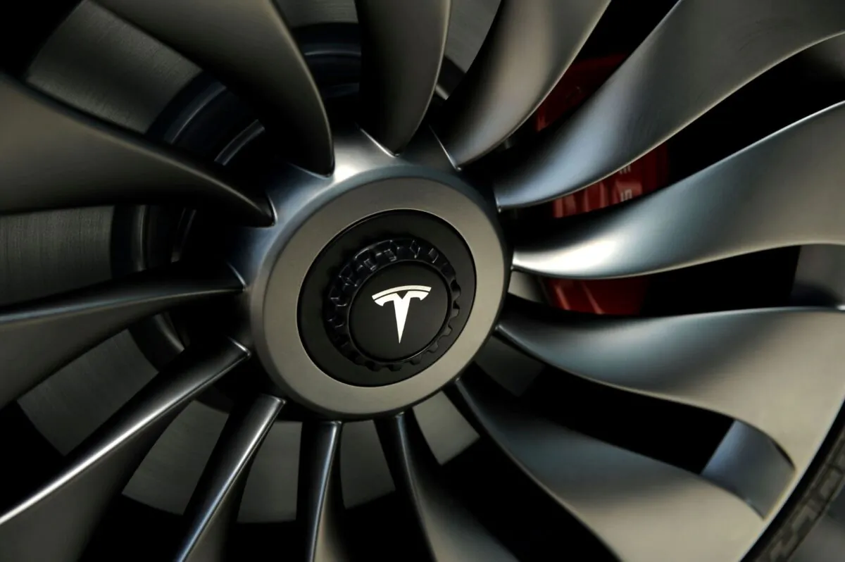 A wheel of a prototype of the Tesla Model 3 on display in front of the factory during a media tour of the Tesla Gigafactory, which will produce batteries for the electric carmaker in Sparks, Nev., on July 26, 2016. (James Glover II/Reuters)