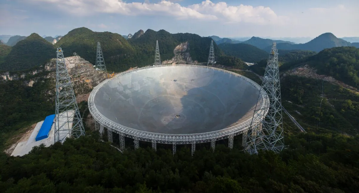 The Five-hundred-metre Aperture Spherical Radio Telescope (FAST) in Pingtang, in southwestern China's Guizhou Province on September 24, 2016 .
(STR/AFP via Getty Images)