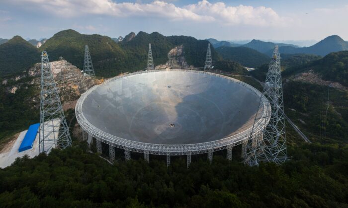 The Five-hundred-metre Aperture Spherical Radio Telescope (FAST) in Pingtang, in southwestern China's Guizhou Province on September 24, 2016 .
 (STR/AFP via Getty Images)