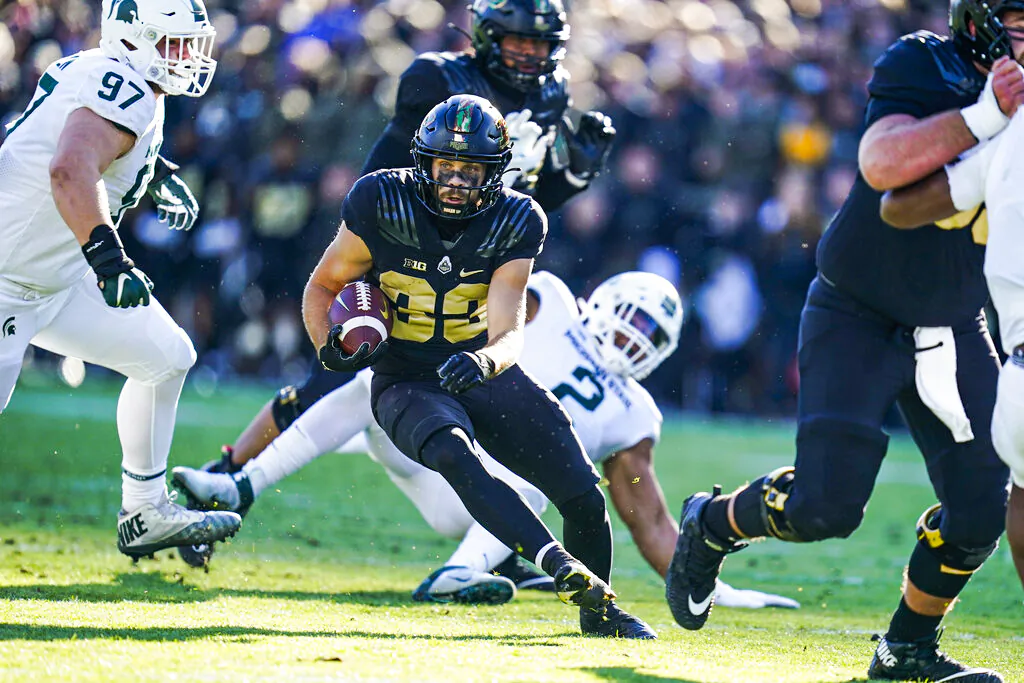 Purdue wide receiver Jackson Anthrop (33) runs against Michigan State during the first half of an NCAA college football game in West Lafayette, Ind., Saturday, Nov. 6, 2021. (AP Photo/Michael Conroy)