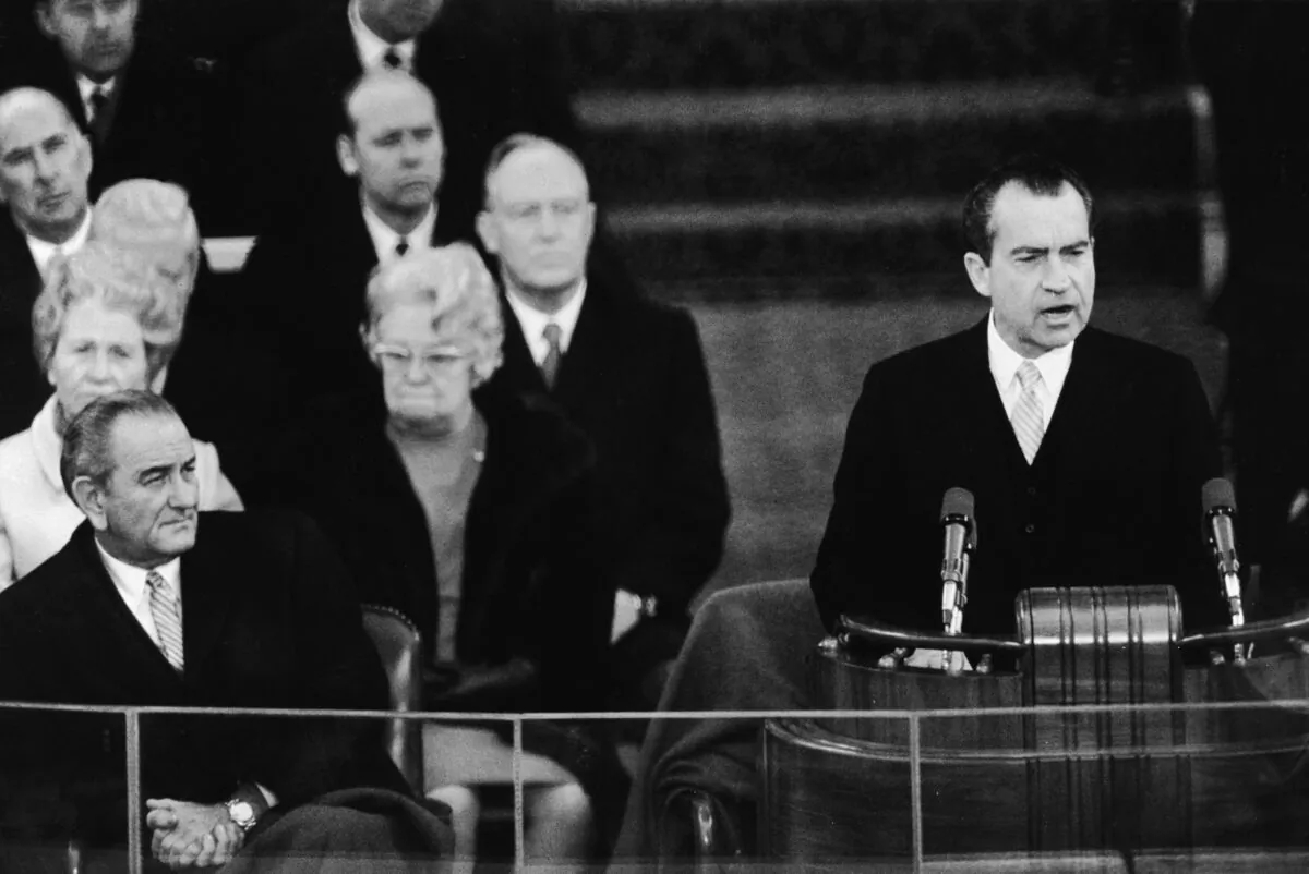 U.S. President Richard Nixon (right) delivers his inaugural address at the U.S. Capitol in Washington, D.C., on Jan. 20, 1969. Outgoing president Lyndon B. Johnson listens at left. (Pictorial Parade/Getty Images)