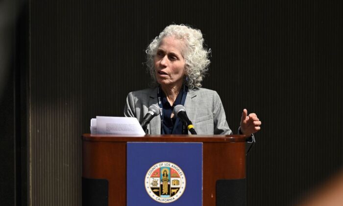 Los Angeles County Public Health director Barbara Ferrer speaks at a press conference on COVID-19, in Los Angeles, California, on March 6, 2020. (Robyn Beck/AFP via Getty Images)