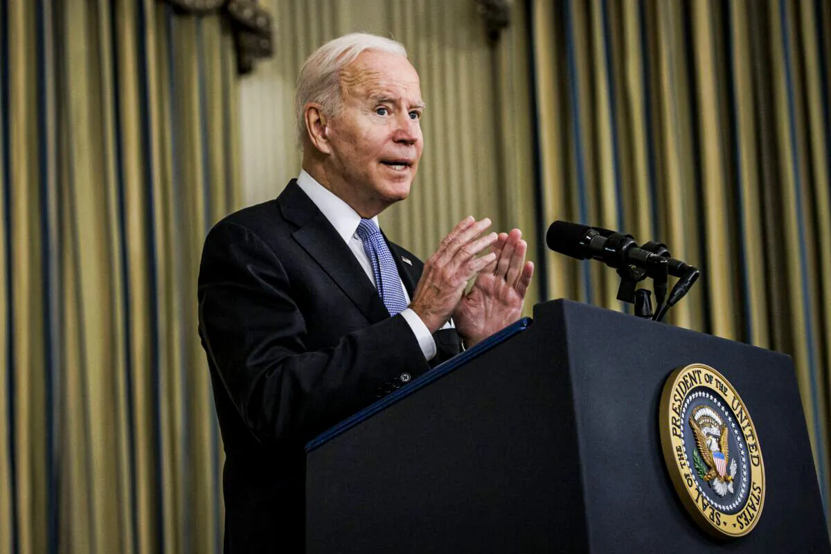 President Joe Biden speaks during a press conference at the White House in Washington on Nov. 6, 2021. (Samuel Corum/Getty Images)