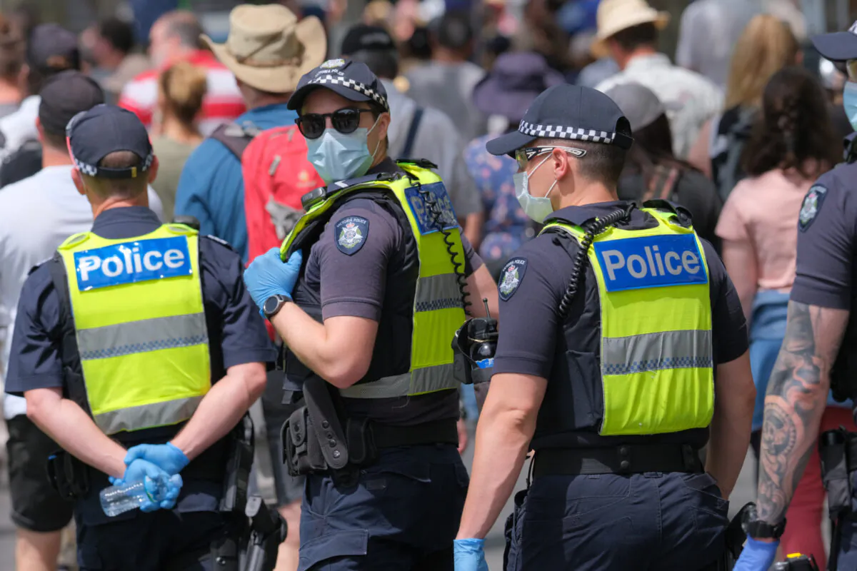 Australians protesting against government-mandated health restrictions, increasing powers, and the Pandemic Bill in Melbourne, Australia, on Nov. 6, 2021. (Supplied)