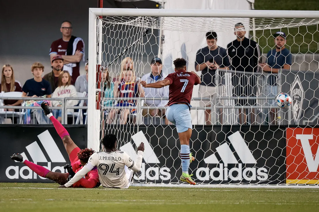 Colorado Rapids forward Jonathan Lewis (7) scores a goal past Los Angeles FC defender Jesus Murillo (94) and goalkeeper Jamal Blackman (1) in the first half at Dick's Sporting Goods Park in Commerce City, Colo., on Nov 7, 2021. (Isaiah J. Downing/USA TODAY Sports via Field Level Media)