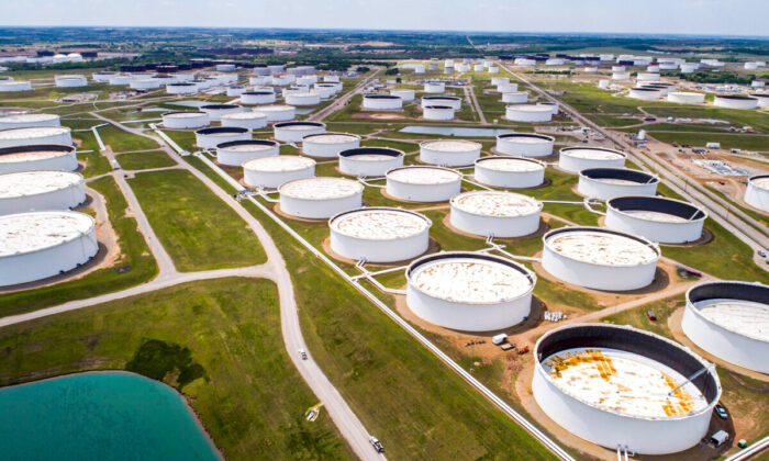 Crude oil storage tanks are seen in an aerial photograph at the Cushing oil hub in Cushing, Okla., on April 21, 2020. (Drone Base/Reuters)