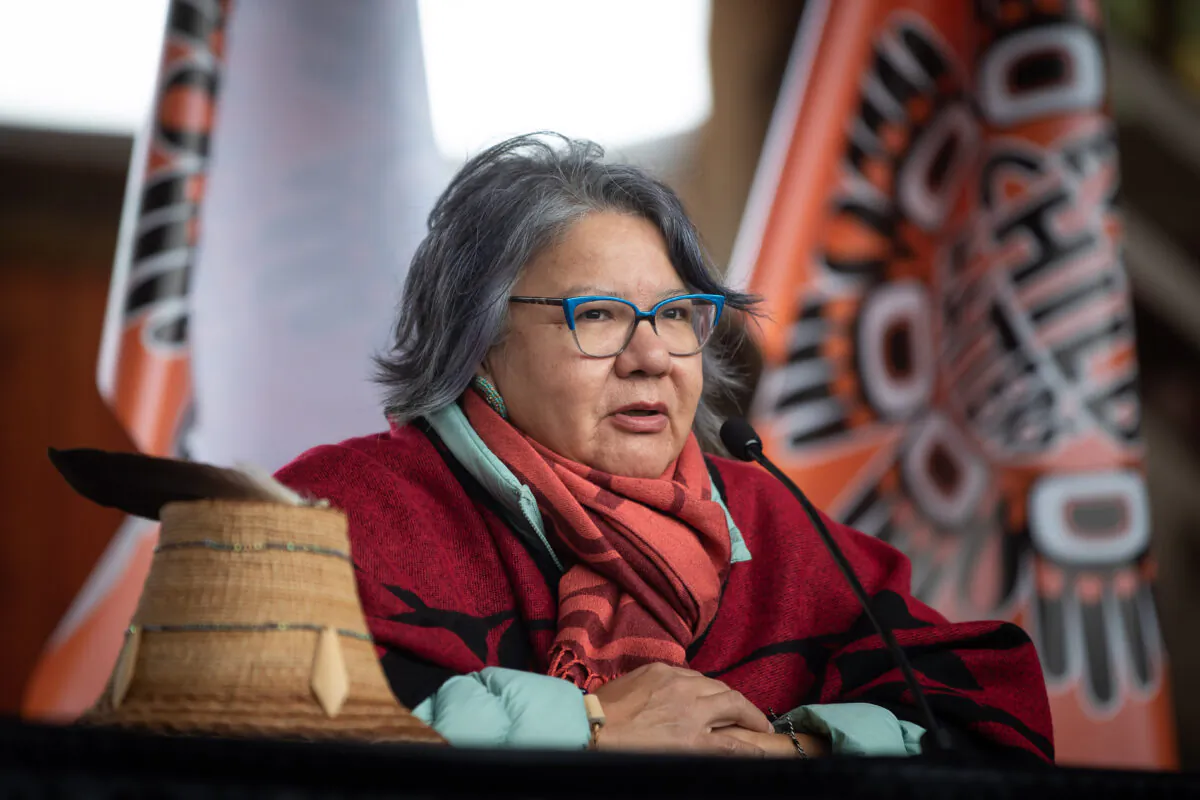 Assembly of First Nations National Chief RoseAnne Archibald speaks during a news conference in Kamloops, B.C., on Sept. 30, 2021. (Darryl Dyck/The Canadian Press)