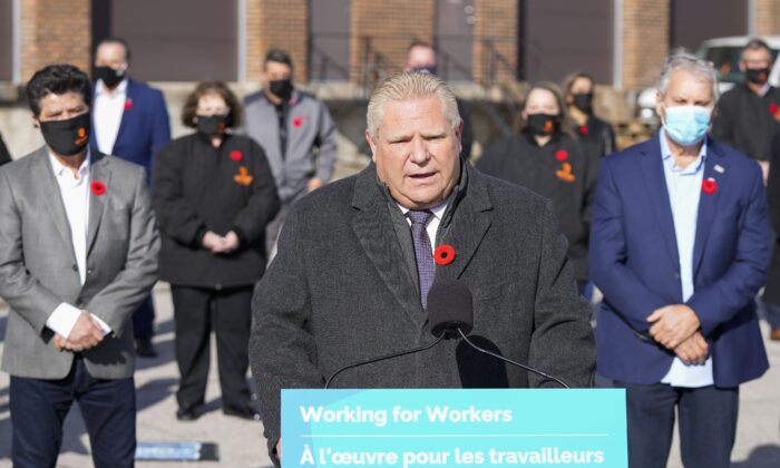 Ontario Premier Doug Ford announces an increase to the minimum wage to $15 an hour at a press conference in Milton, Ont., on Nov. 2, 2021. (The Canadian Press/Nathan Denette)