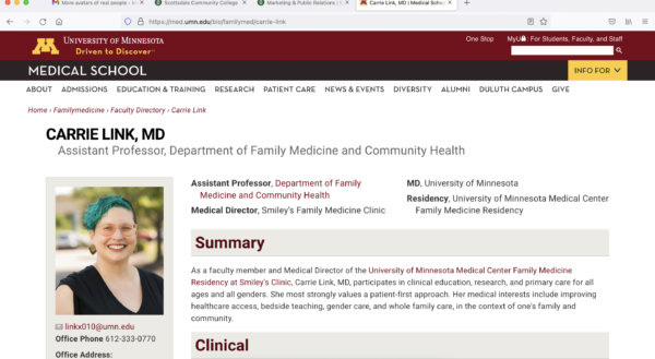 Screen capture of profile for faculty member and Medical Director of the University of Minnesota Medical Center Family Medicine Residency at Smiley's Clinic, Carrie Link, MD Nov. 8, 2021. 