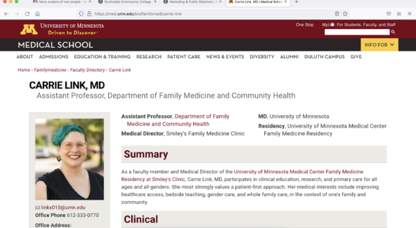 Screen capture of profile for faculty member and Medical Director of the University of Minnesota Medical Center Family Medicine Residency at Smiley's Clinic, Carrie Link, MD Nov. 8, 2021.