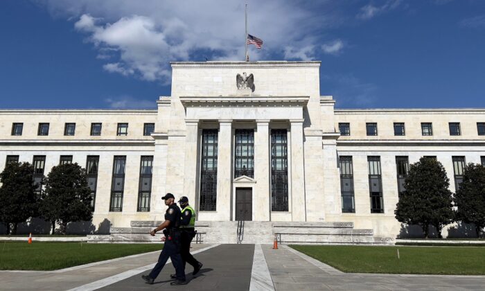 The Federal Reserve building in Washington, on Oct. 22, 2021. (Daniel Slim/AFP via Getty Images)