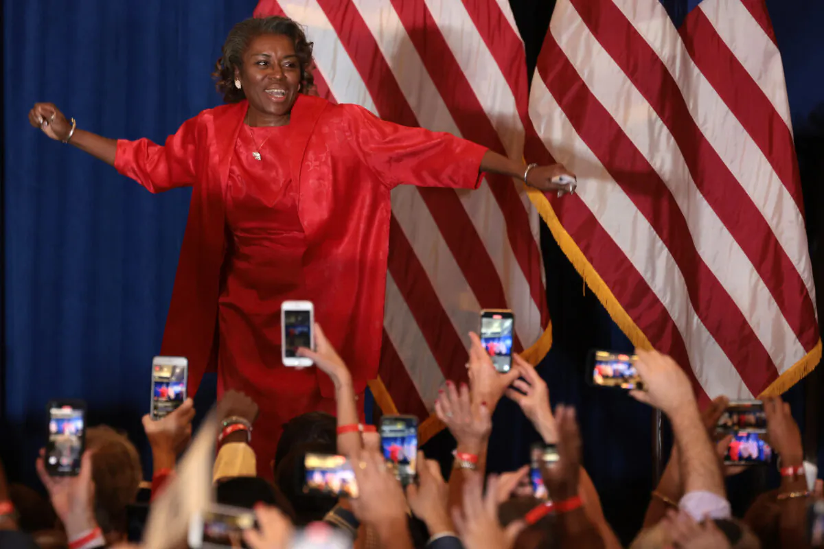 Virginia Republican candidate for lieutenant governor Winsome Sears takes the stage during an election night rally at the Westfields Marriott Washington Dulles in Chantilly, Va., on Nov. 2, 2021. (Chip Somodevilla/Getty Images)