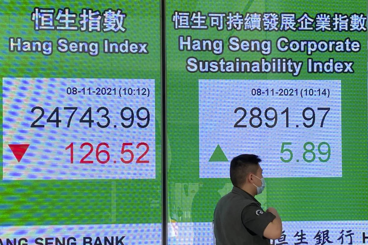 A man walks past a bank's electronic board showing the Hong Kong share index at the Hong Kong Stock Exchange on Nov. 8, 2021. (Vincent Yu/AP Photo)