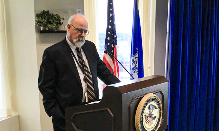 John Durham speaks at a conference in New Haven, Conn., on Sept. 20, 2018. (Courtesy of the U.S. Attorney's Office for the District of Connecticut)