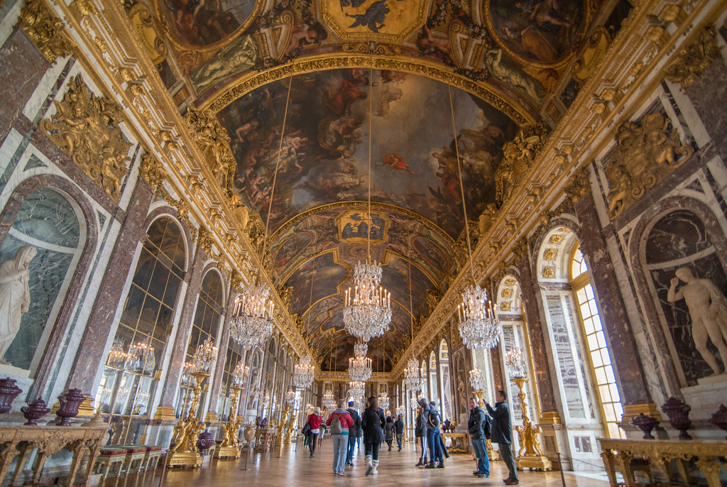 Murals on the ceiling in the Hall of Mirrors at the Palace of Versailles.