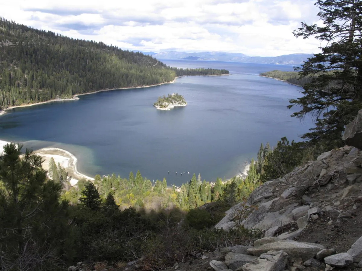 The shoreline is receding at Emerald Bay on the southwest corner of Lake Tahoe, east of South Lake Tahoe, Calif., on Oct. 20, 2021. (Scott Sonner/AP Photo)