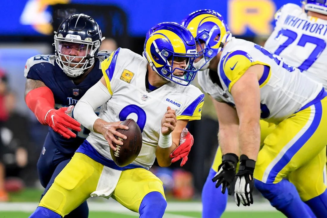 Tennessee Titans defensive tackle Jeffery Simmons (98) sacks Los Angeles Rams quarterback Matthew Stafford (9) during the second quarter at SoFI Stadium in Inglewood, Calif., on Nov. 7, 2021. (George Walker IV/Tennessean.com/USA TODAY Network via Field Level Media)