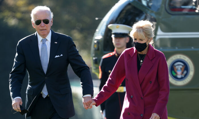 President Joe Biden and First Lady Jill Biden return to the White House on Nov. 8, 2021. (Win McNamee/Getty Images)