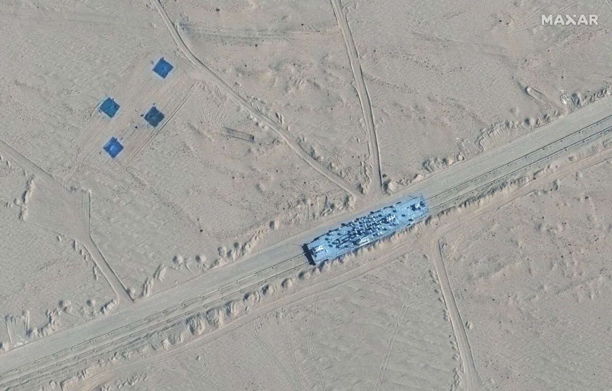 A satellite picture shows a carrier target in Ruoqiang, Xinjiang, China, on Oct. 20, 2021. (Satellite Image ©2021 Maxar Technologies/Handout via Reuters)