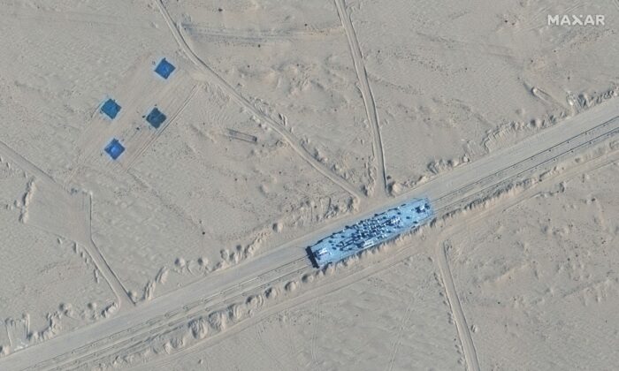 A satellite picture shows a carrier target in Ruoqiang, Xinjiang, China, on Oct. 20, 2021. (Satellite Image ©2021 Maxar Technologies/Handout via Reuters)