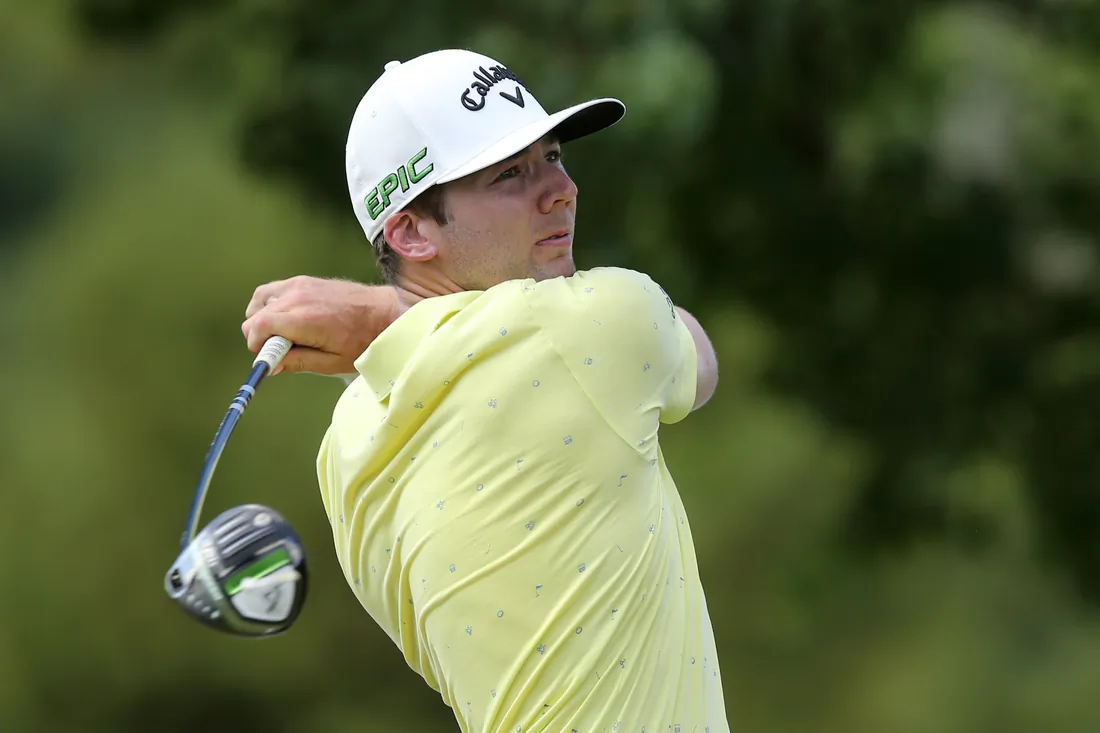 Sam Burns hits his tee shot on the sixth hole during the final round of the Sanderson Farms Championship at the Country Club of Jackson, Miss., on Oct 3, 2021. (Chuck Cook/USA TODAY Sports via Field Level Media)