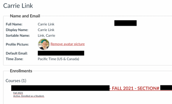Screen capture of Pierce Community College online student profile for Carrie Link Sept. 2021. 