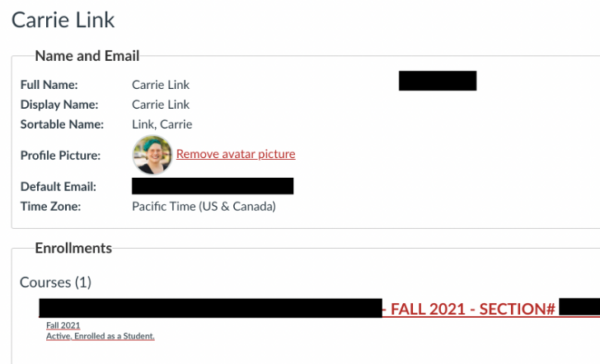 Screen capture of Pierce Community College online student profile for Carrie Link Sept. 2021.