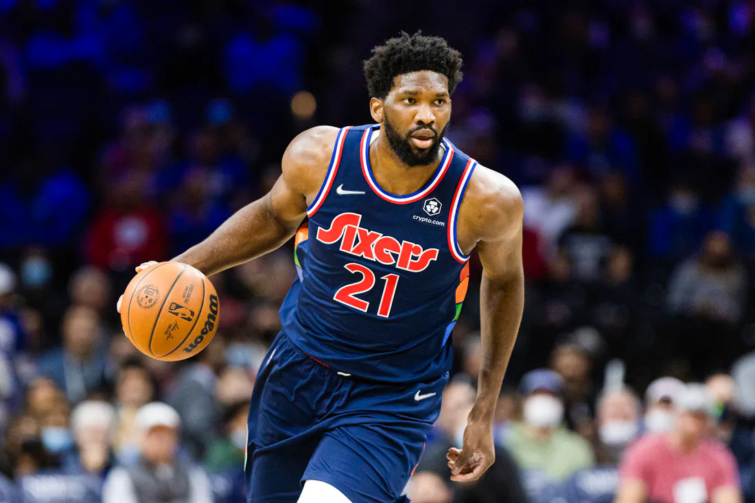 Philadelphia 76ers center Joel Embiid (21) dribbles the ball against the Chicago Bulls during the first quarter at Wells Fargo Center in Philadelphia on Nov 3, 2021. (Bill Streicher/USA TODAY via Field Level Media)
