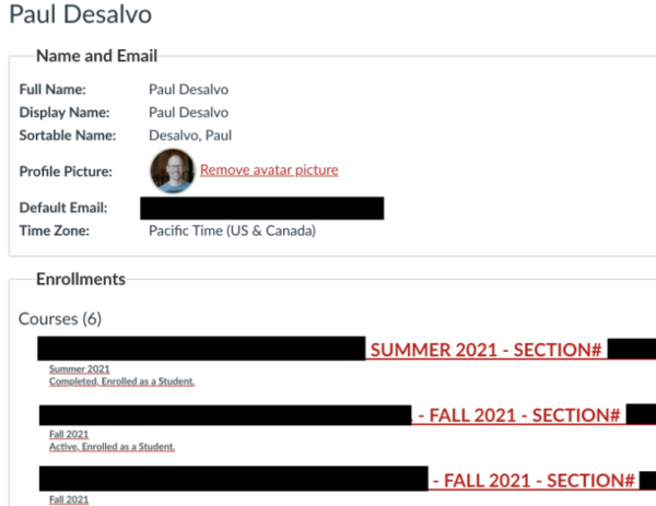 Screen capture from suspected "fake student" profile in online system at Pierce Community College Sept. 2021