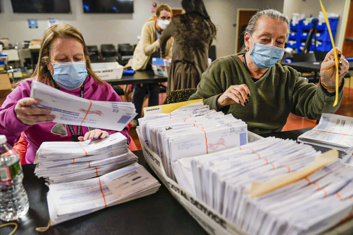 Board workers process and double-check mail-in ballots for Bergen County in Hackensack, N.J., on Nov. 3, 2021. (Seth Wenig/AP Photo)