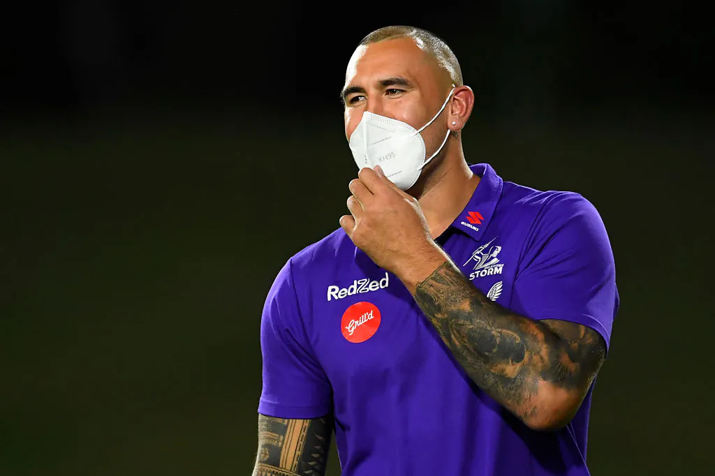 Nelson Asofa-Solomona of the Storm is seen ahead the round 22 NRL match between the Melbourne Storm and the Canberra Raiders at Sunshine Coast Stadium, in Queensland, Australia, on Aug. 12, 2021. (Albert Perez/Getty Images)