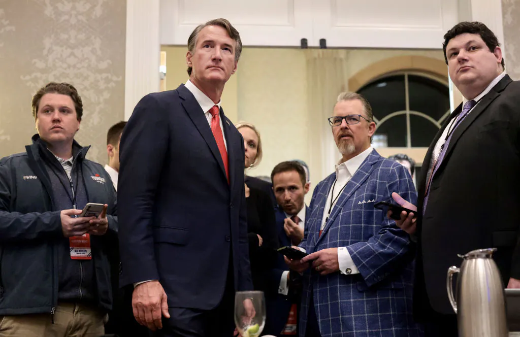 Virginia Republican gubernatorial candidate Glenn Youngkin (2nd-L) and his staff watch results come in on election night at the Westfields Marriott Washington Dulles in Chantilly, Va., on Nov. 2, 2021. (Anna Moneymaker/Getty Images)