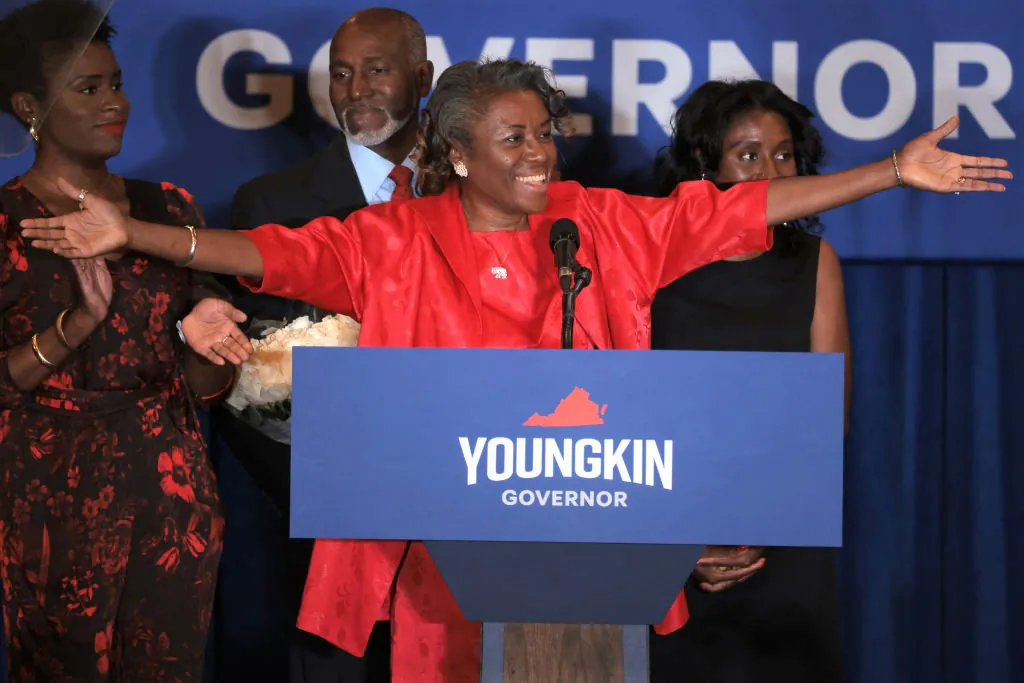 Virginia Republican candidate for lieutenant governor Winsome Sears takes the stage with her family during an election night rally at the Westfields Marriott Washington Dulles in Chantilly, Virginia on Nov. 2, 2021. (Chip Somodevilla/Getty Images)