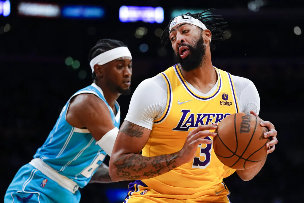 Charlotte Hornets forward Jalen McDaniels (6) defends against Los Angeles Lakers forward Anthony Davis (3) during the first half of an NBA basketball game in Los Angeles, on Nov. 8, 2021. (Ashley Landis/AP Photo)