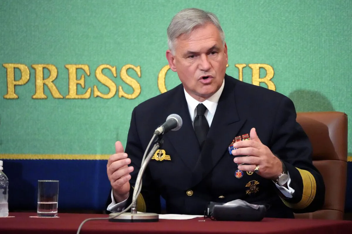 Germany's Chief of Navy Vice Adm. Kay-Achim Schonbach attends a press conference at the Japan National Press Club in Tokyo, on Nov. 9, 2021. (Eugene Hoshiko/AP Photo)