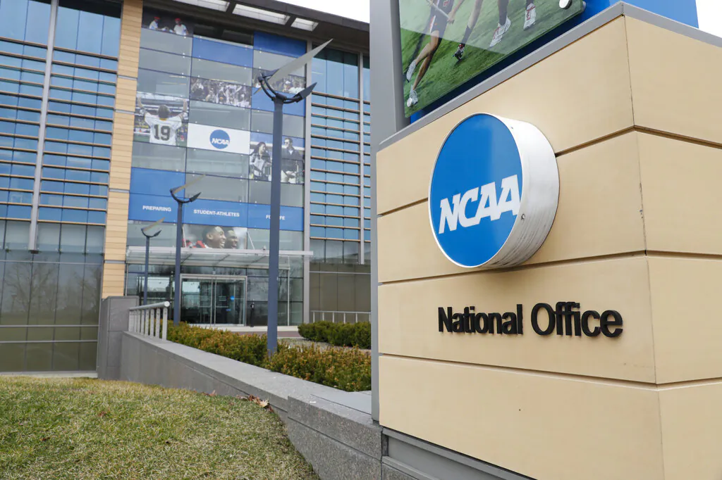 The NCAA headquarters in Indianapolis on March 12, 2020. (Michael Conroy/AP photo)
