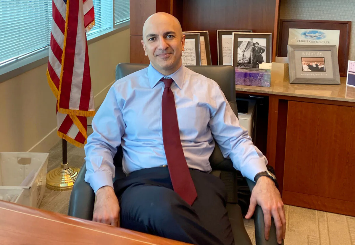 Minneapolis Federal Reserve Bank President Neel Kashkari poses during an interview with Reuters in his office at the bank's headquarters in Minneapolis on Jan. 10, 2020. (Ann Saphir/Reuters)