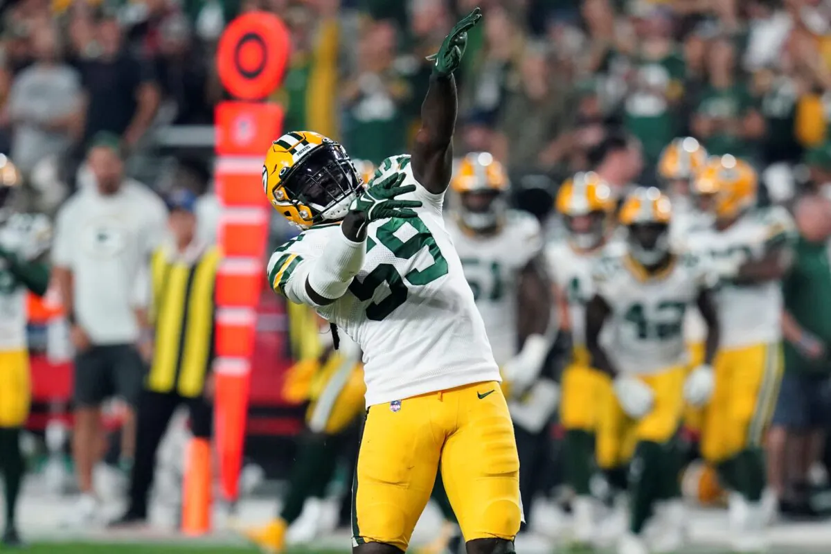 Green Bay Packers inside linebacker De'Vondre Campbell (59) celebrates his sack against the Arizona Cardinals during the first half of an NFL football game, in Glendale, Ariz., on Oct. 28, 2021. (Ross D. Franklin/AP Photo)