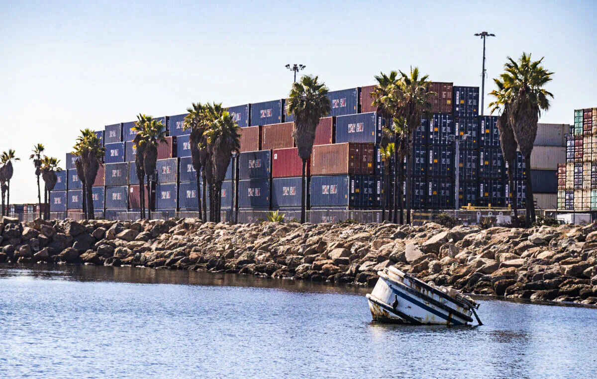 Cargo containers are stacked at the Port of Long Beach, Calif., on Oct. 27, 2021. (John Fredricks/The Epoch Times)
