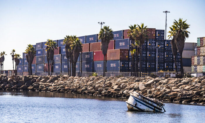 Cargo containers are stacked at the Port of Long Beach, Calif., on Oct. 27, 2021. (John Fredricks/The Epoch Times)
