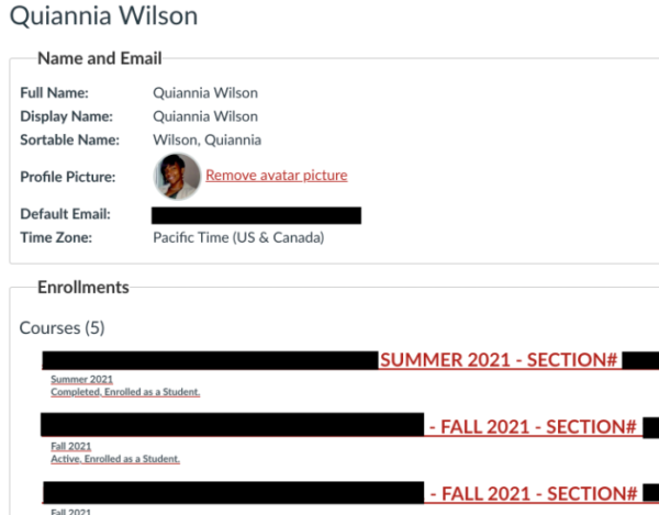 Screen Capture of suspected "fake student" Quiannia Wilson from Pierce Community College online training bio Sept. 2021 