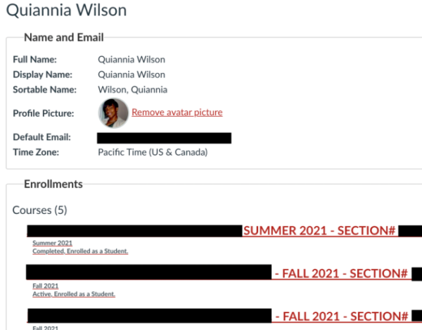 Screen Capture of suspected "fake student" Quiannia Wilson from Pierce Community College online training bio Sept. 2021