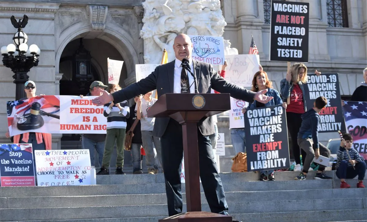 Pennsylvania state Senator Doug Mastriano, a Republican, speaks at health freedom rally, on Nov. 9, 2021, on the capitol steps in Harrisburg, Penn. (Beth Brelje/ The Epoch Times)