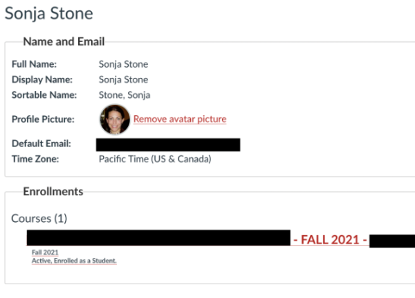 Screen Capture of suspected "fake student" Sonja Stone from Pierce Bio, Sept. 2021.