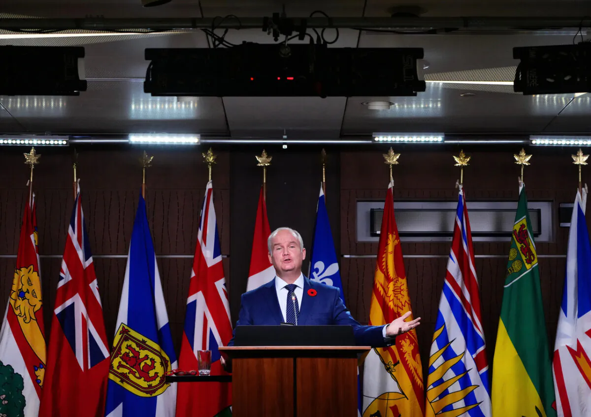 Conservative Leader Erin O’Toole holds a press conference on Parliament Hill in Ottawa on Nov. 9, 2021. (The Canadian Press/Sean Kilpatrick)