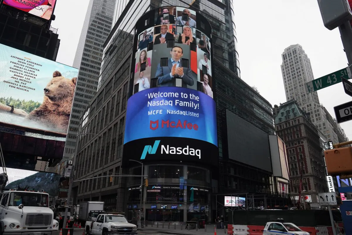 Cyber security firm McAfee holds a virtual IPO at NASDAQ Marketsite in the Manhattan borough of New York City on Oct. 22, 2020. (Carlo Allegri/Reuters)